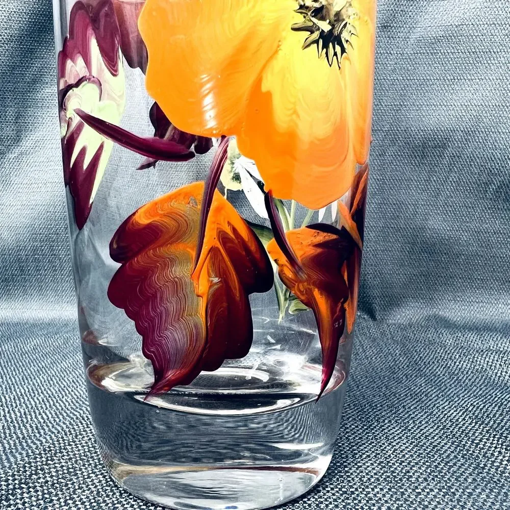 Hand painted Flower Art Glass Vase Fall Leaves Thanksgiving Halloween Home Decor